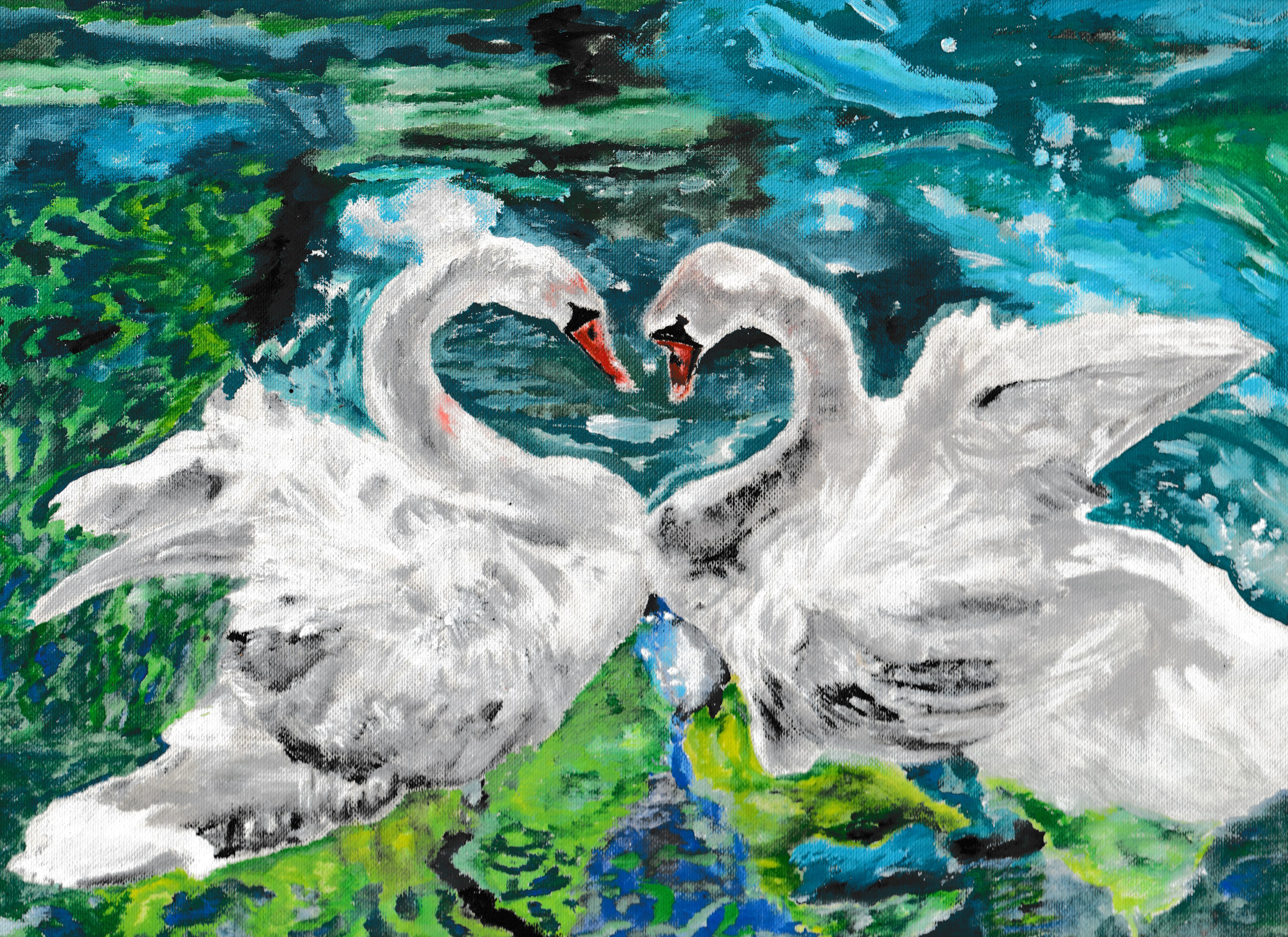This is an acrylic painting of swans by traditional, fine artist Rachel Hill based in Cork, Ireland. This painting is for sale.